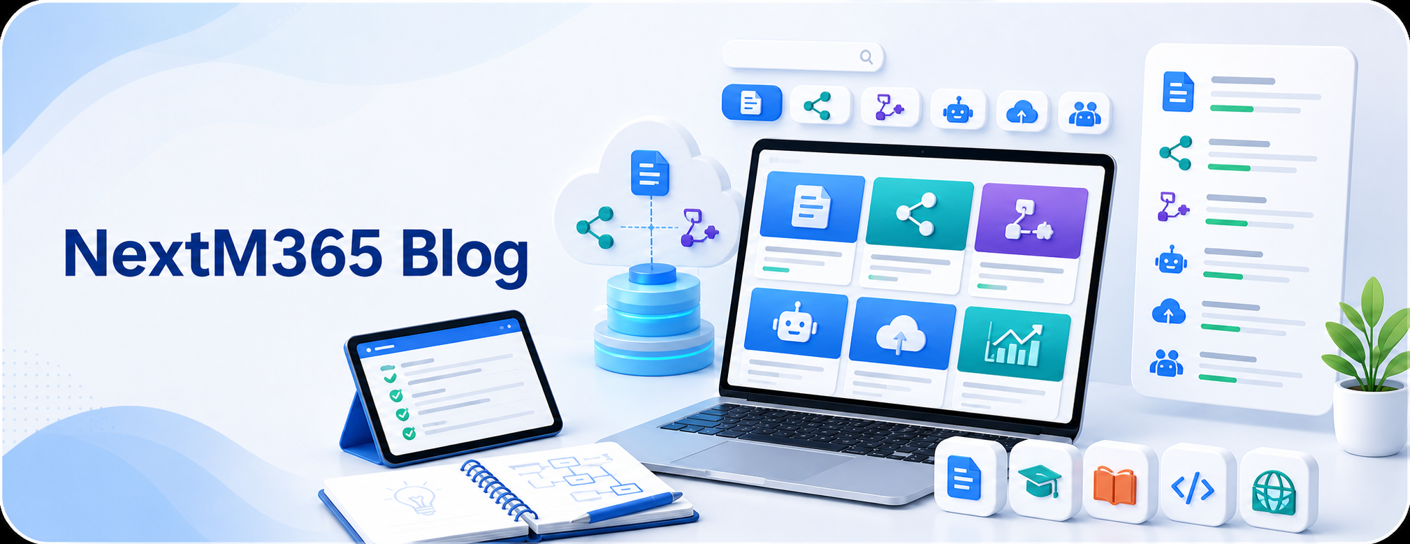 NextM365 Blog hero banner showing Microsoft 365 tutorial cards, search, categories, and learning resources