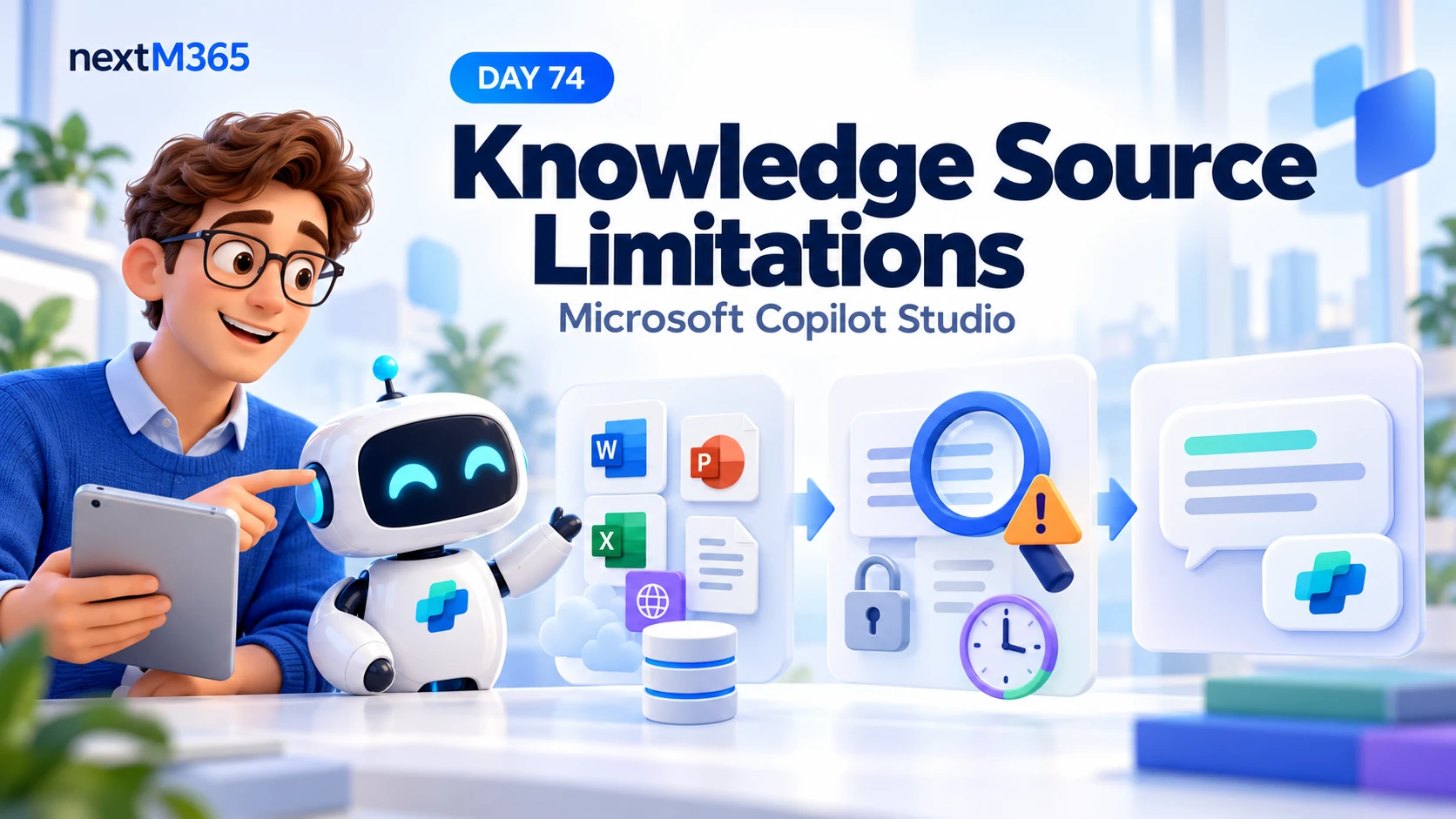 Day 74 landscape illustration showing a Copilot Studio agent, knowledge sources, retrieval warnings, access restrictions, and an answer