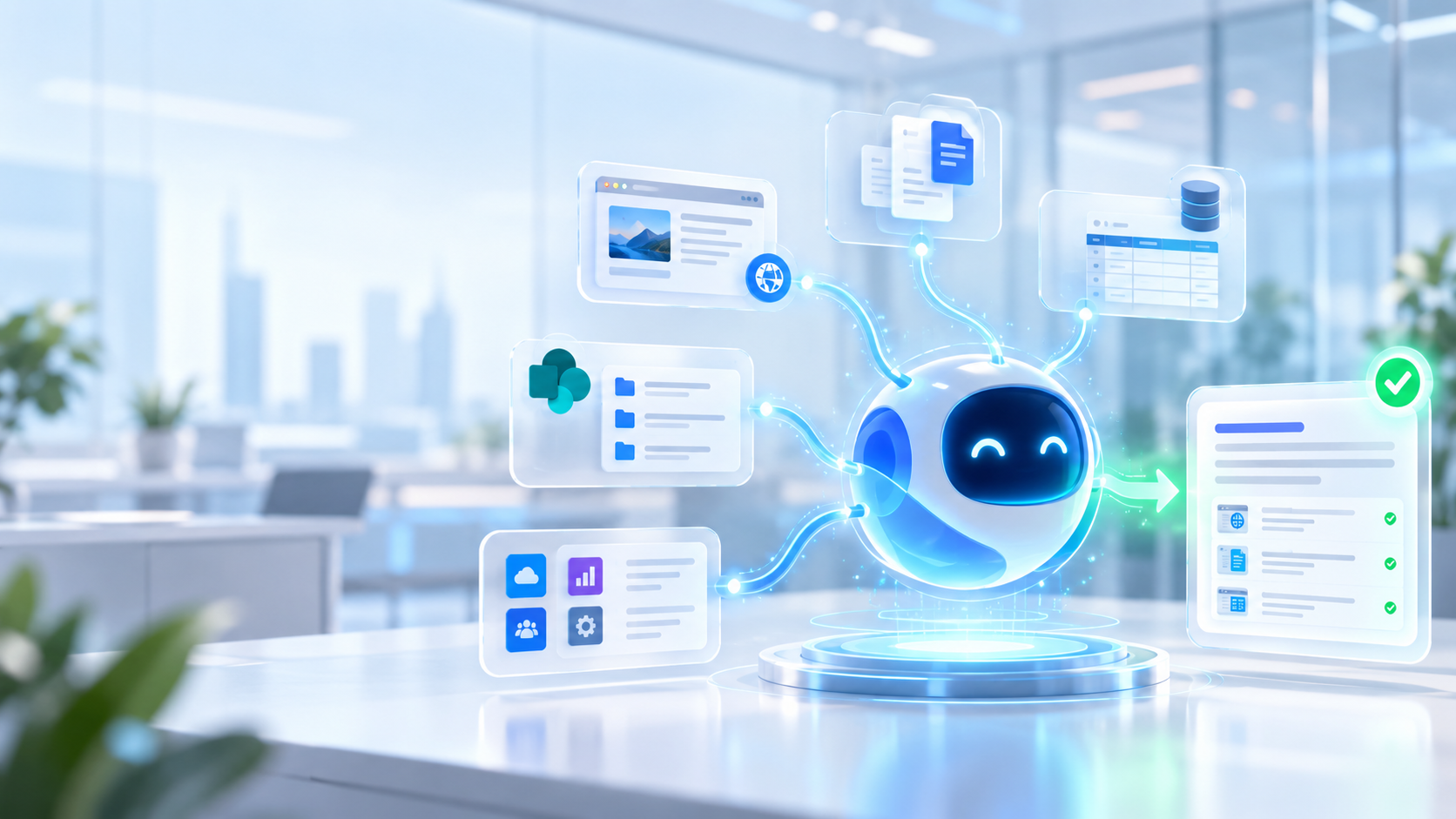 Day 66 Copilot Studio knowledge sources overview showing websites, SharePoint, Dataverse, files, and enterprise data grounding an agent response