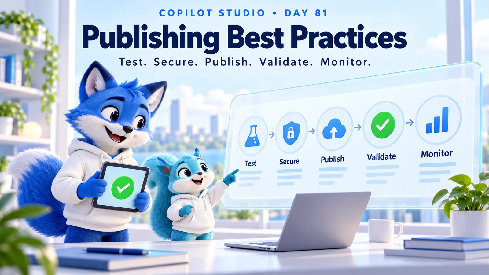 Blue fox mentor and cyan squirrel reviewing a release checklist with test, security, publishing, verification, and monitoring icons.