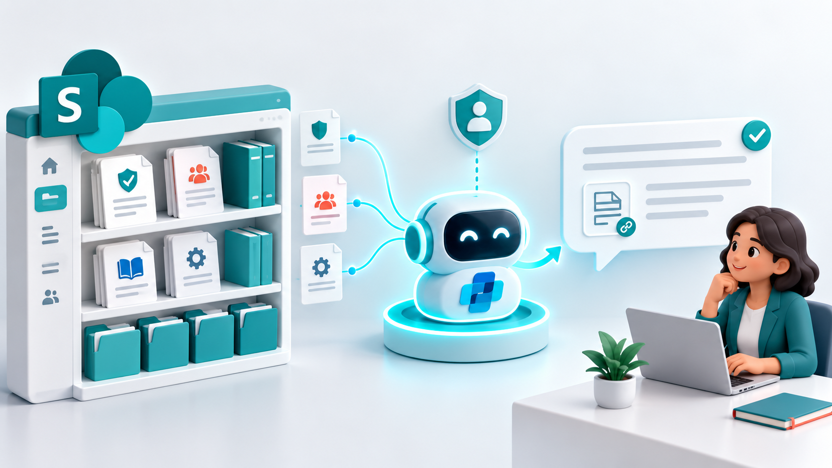 SharePoint documents connected to a Copilot Studio agent that provides grounded answers with access controls