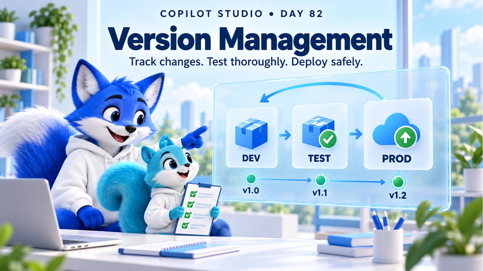 Blue fox and cyan squirrel reviewing development, test, and production release stages beside version packages and a recovery arrow.