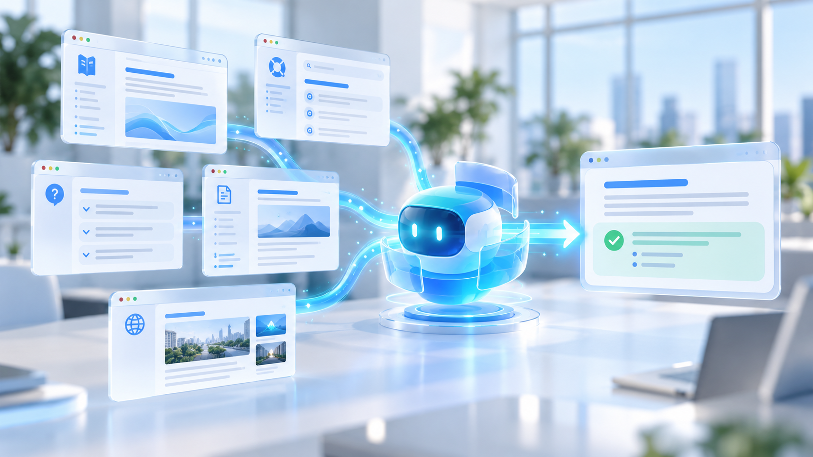 Website content panels connected to a Copilot Studio agent that produces a verified grounded answer