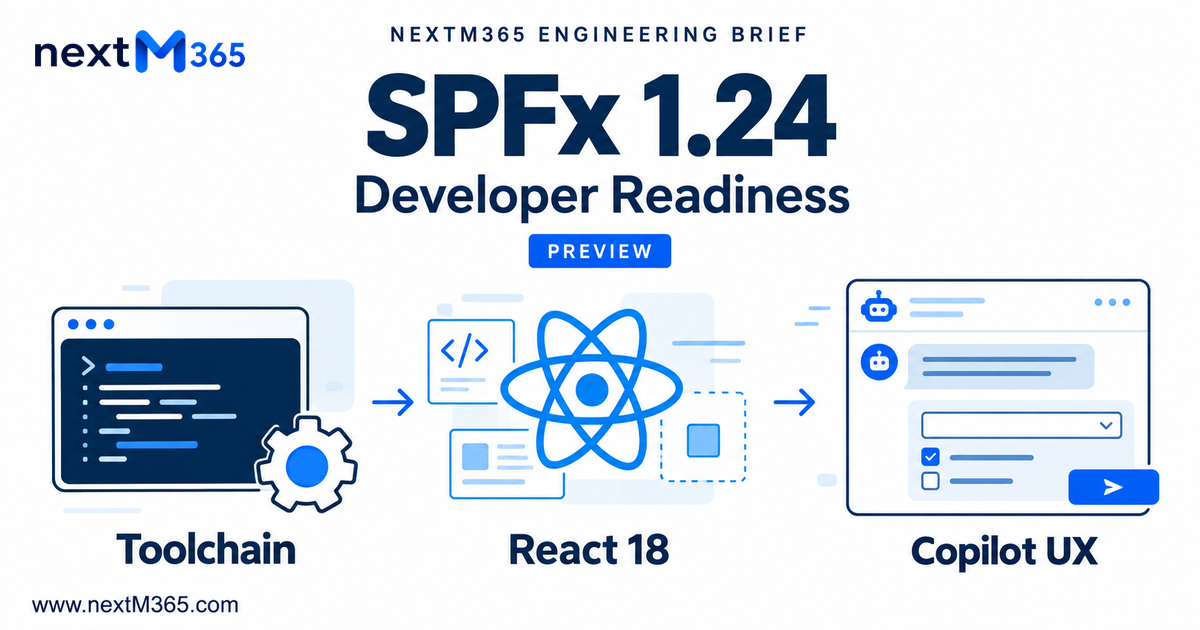 NextM365 SPFx 1.24 Preview developer readiness brief with connected Toolchain, React 18 and Copilot UX panels