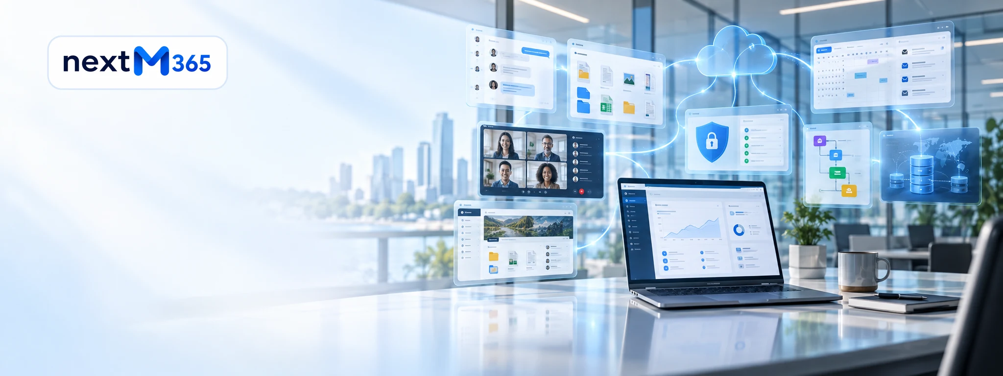 Microsoft 365 hub illustration covering collaboration, files, admin, security, and automation