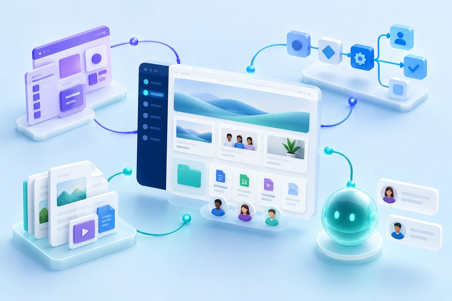 Connected digital workplace with an intranet, business apps, automated workflows and an AI assistant.