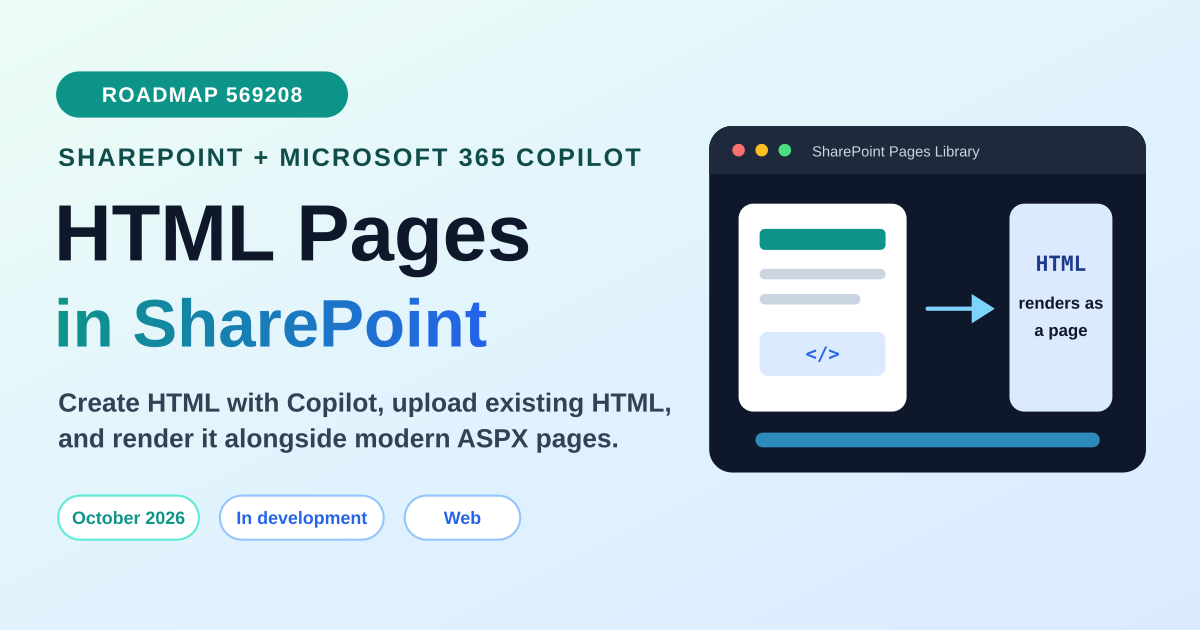 SharePoint HTML pages roadmap 569208 showing HTML content created with Copilot and rendered from the SharePoint pages library