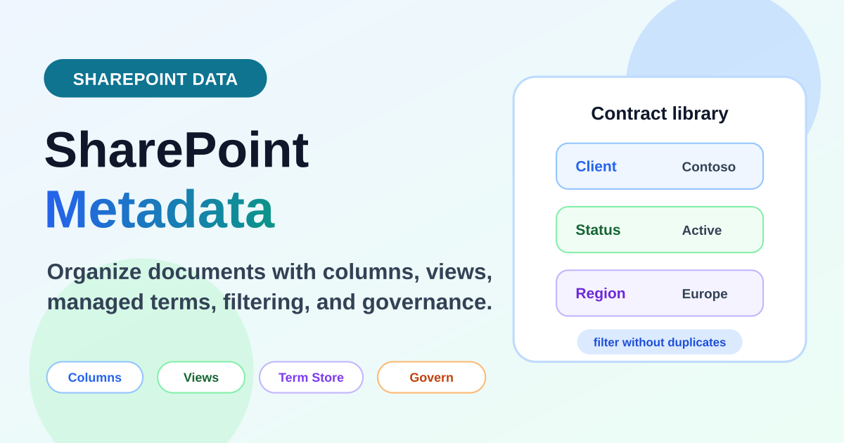 SharePoint metadata columns in a contract document library showing client status and region fields for filtering